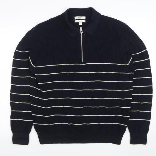 Marks and Spencer Mens Blue Striped Cotton Modal Zip Neck Polo XL