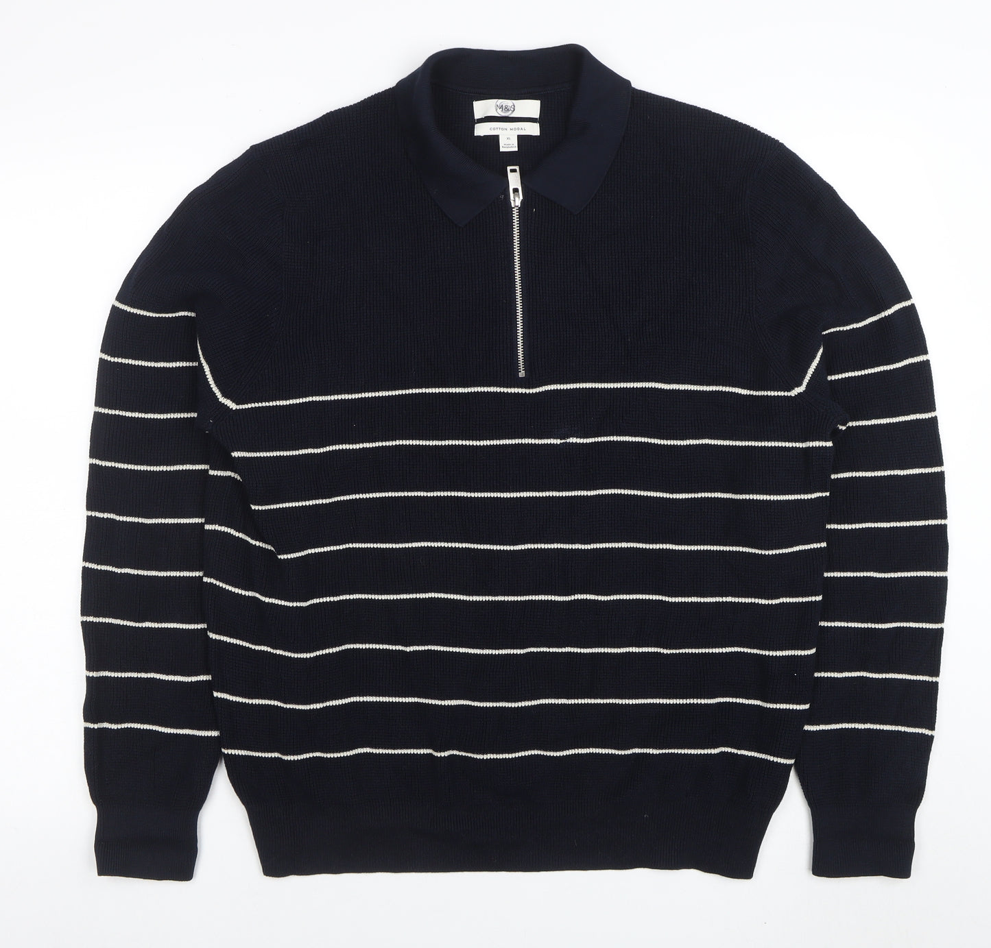 Marks and Spencer Mens Blue Striped Cotton Modal Zip Neck Polo XL