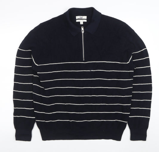Marks and Spencer Mens Blue Striped Cotton Modal Zip Neck Polo XL