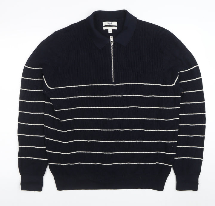 Marks and Spencer Mens Blue Striped Cotton Modal Zip Neck Polo XL