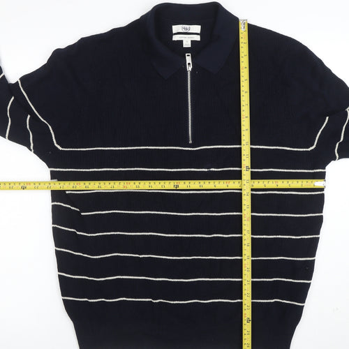 Marks and Spencer Mens Blue Striped Cotton Modal Zip Neck Polo XL