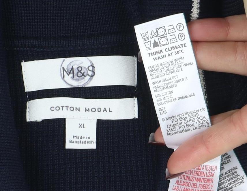 Marks and Spencer Mens Blue Striped Cotton Modal Zip Neck Polo XL