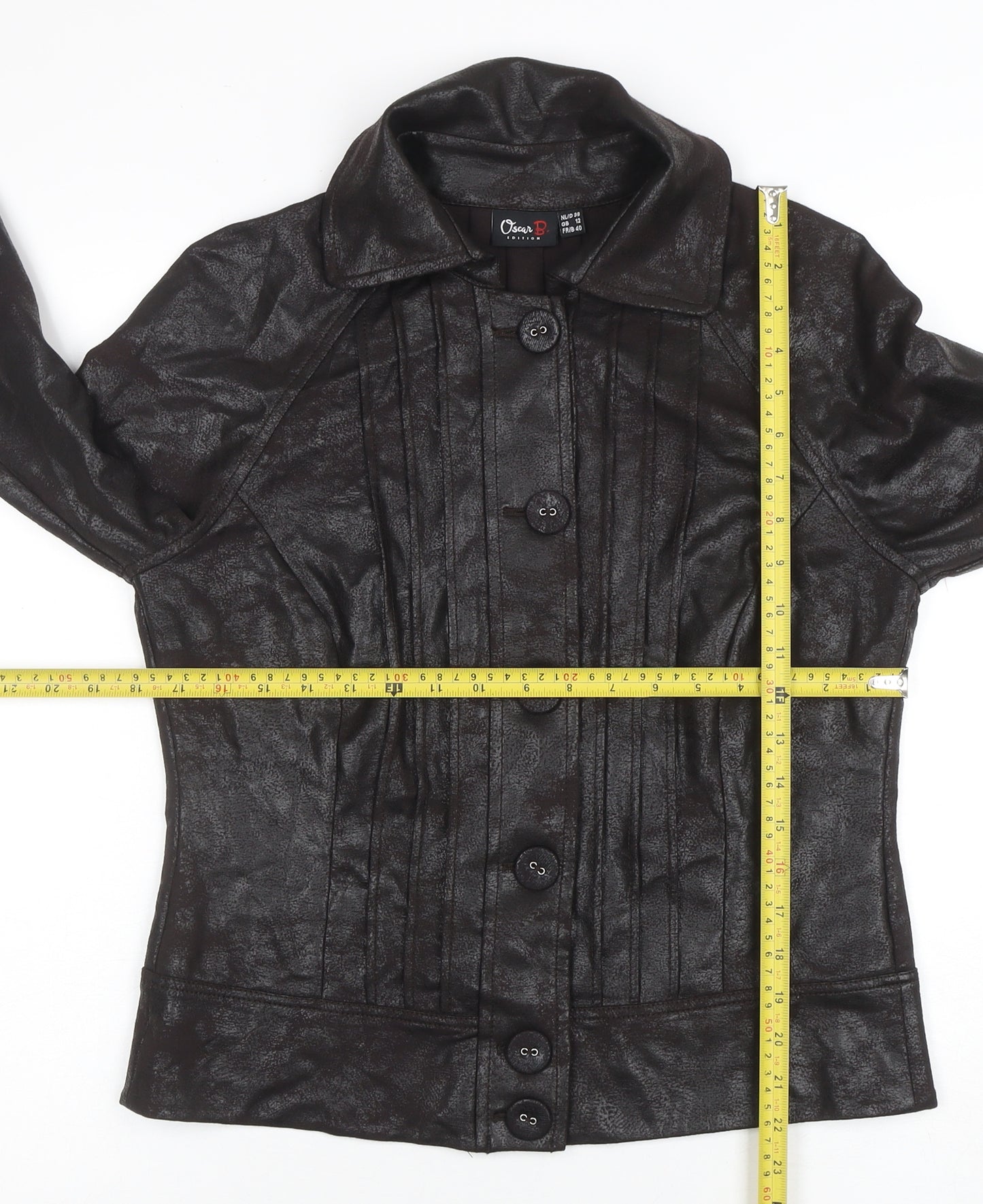 Oscar B. Edition Womens Brown Faux Leather Button Jacket Size 12