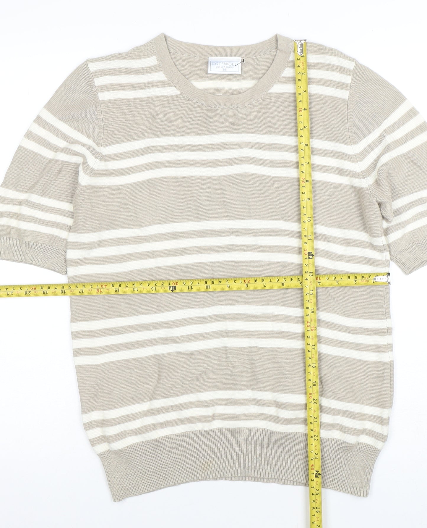 Cotswold Collections Women’s Beige Striped Cotton Short Sleeve Knit Top M