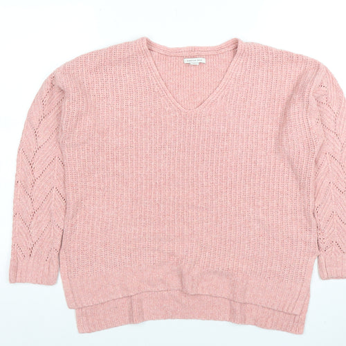 American Eagle Women Pink V-Neck Chunky Knit Jumper Size M