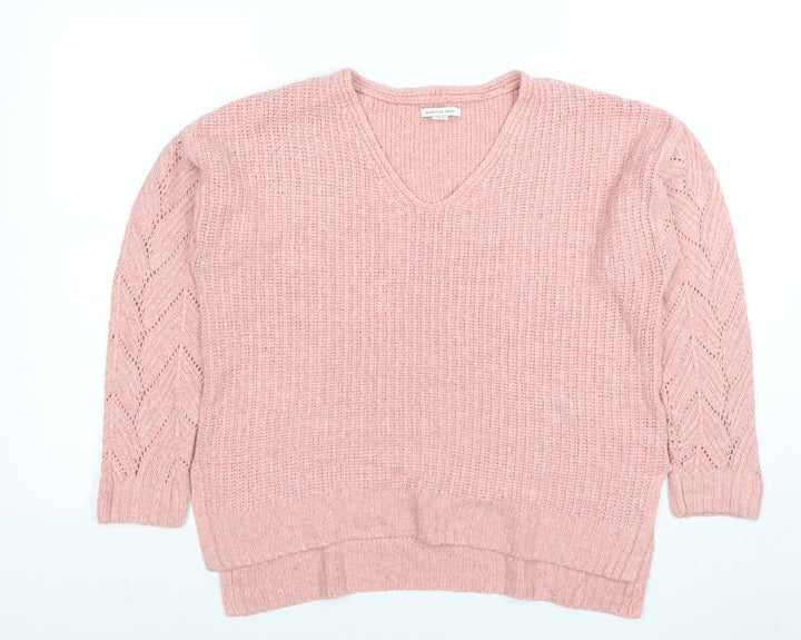American Eagle Women Pink V-Neck Chunky Knit Jumper Size M