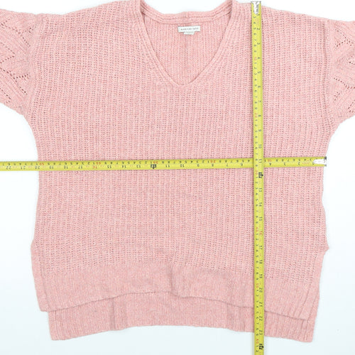American Eagle Women Pink V-Neck Chunky Knit Jumper Size M