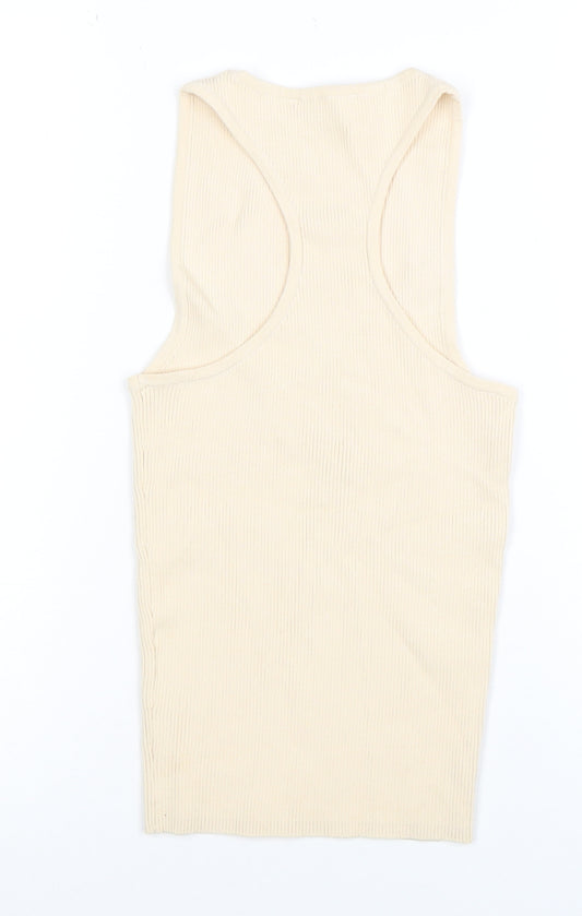 ZARA Women Beige Ribbed Cotton Blend Tank Top Size M