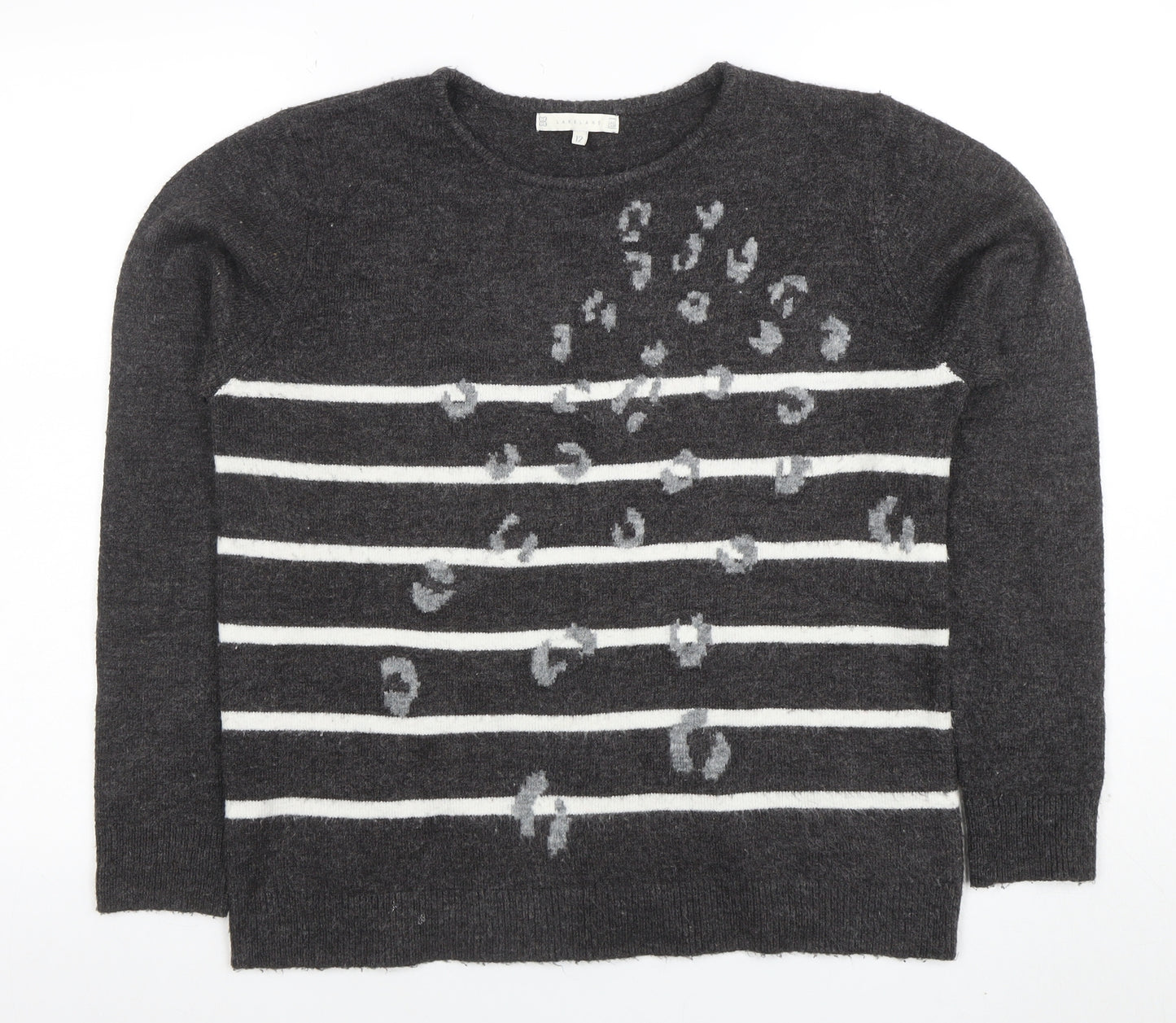 Lakeland Women's Grey Animal Stripe Crew Neck Jumper Size 12