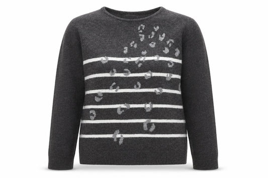 Front view of Lakeland Women's Grey Animal Stripe Crew Neck Jumper, size 12