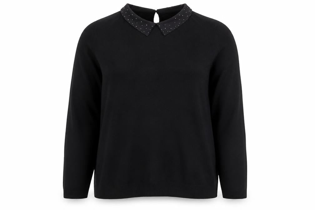Front view of Papaya Women’s Black Collared Studded Long Sleeve jumper, size UK 16