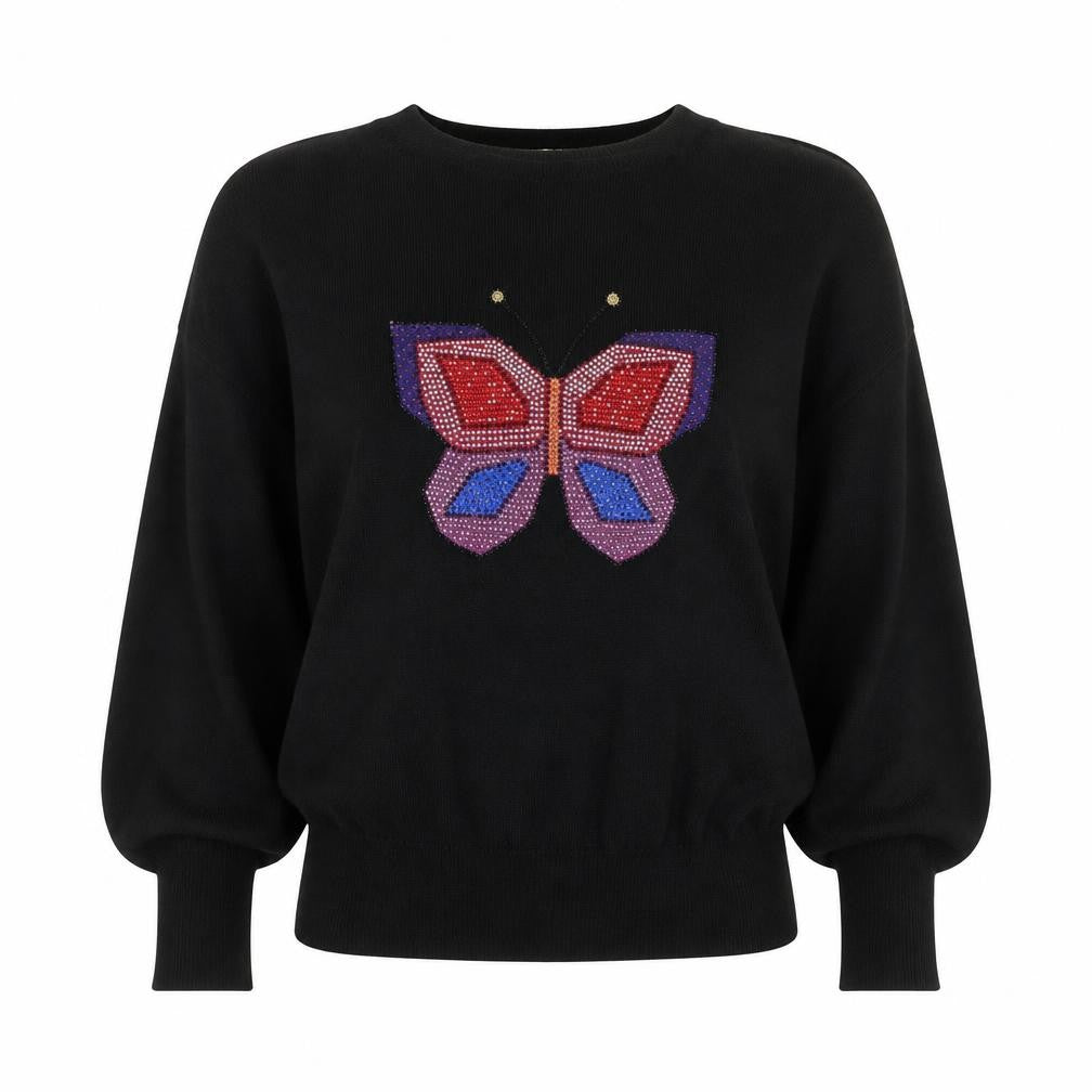 Front view of Oasis women’s black butterfly sequin jumper, size S