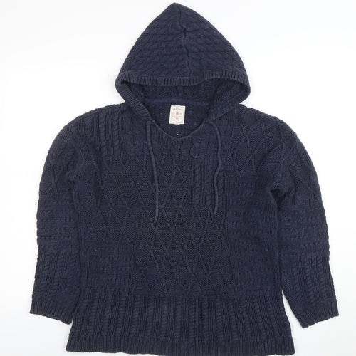 Fat Face Womens Blue Hooded Chunky Knit V-Neck Jumper Size 10