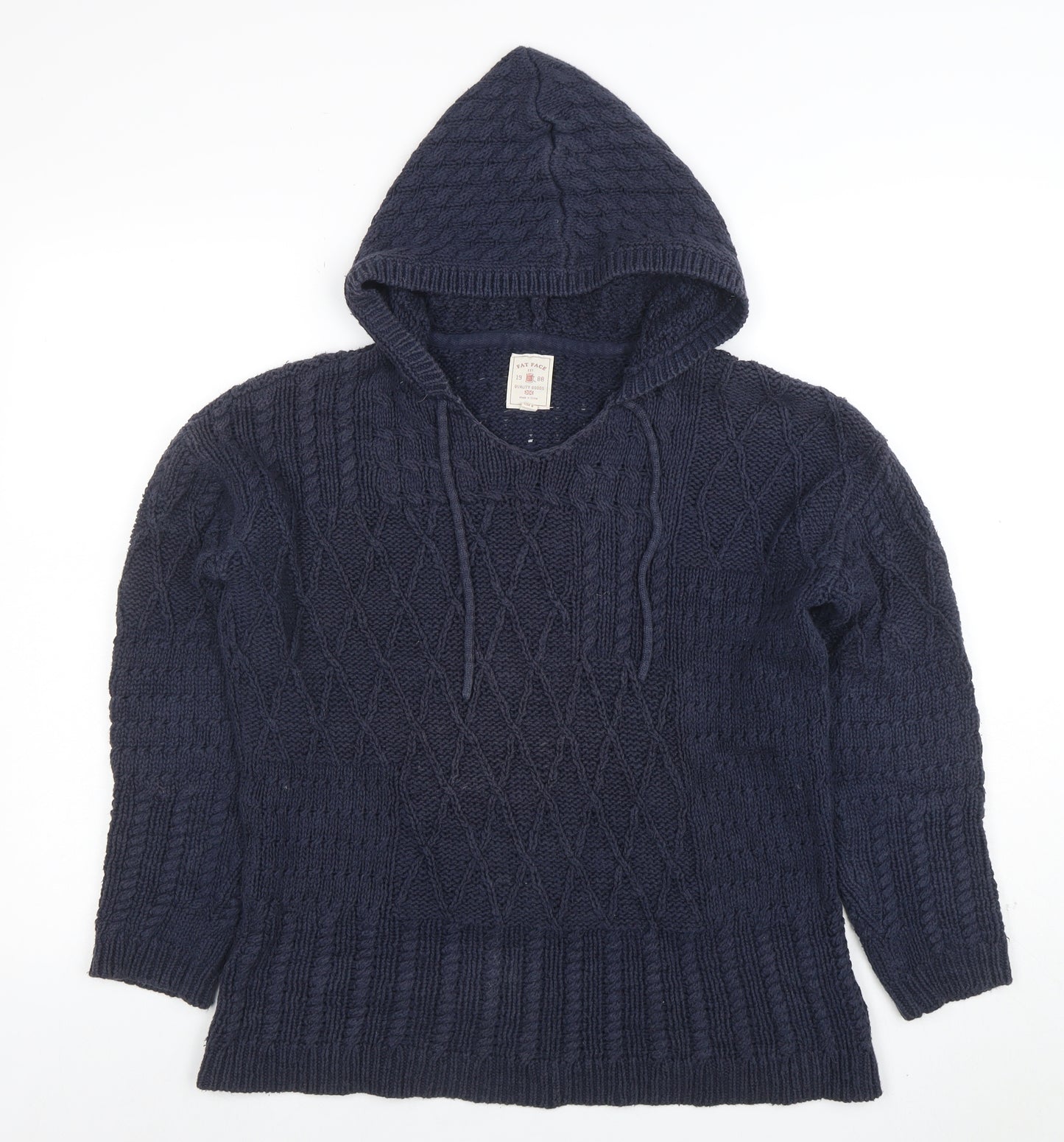 Fat Face Womens Blue Hooded Chunky Knit V-Neck Jumper Size 10