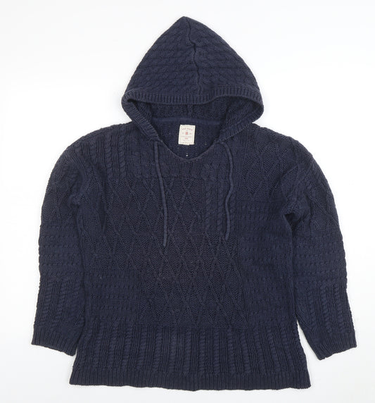 Fat Face Womens Blue Hooded Chunky Knit V-Neck Jumper Size 10