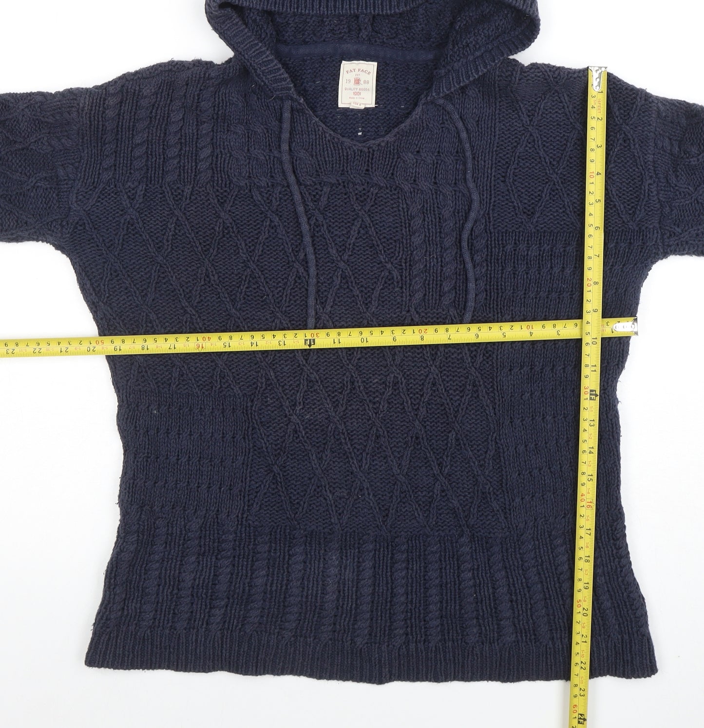Fat Face Womens Blue Hooded Chunky Knit V-Neck Jumper Size 10