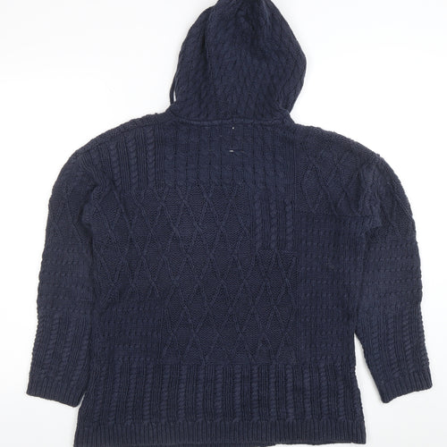 Fat Face Womens Blue Hooded Chunky Knit V-Neck Jumper Size 10