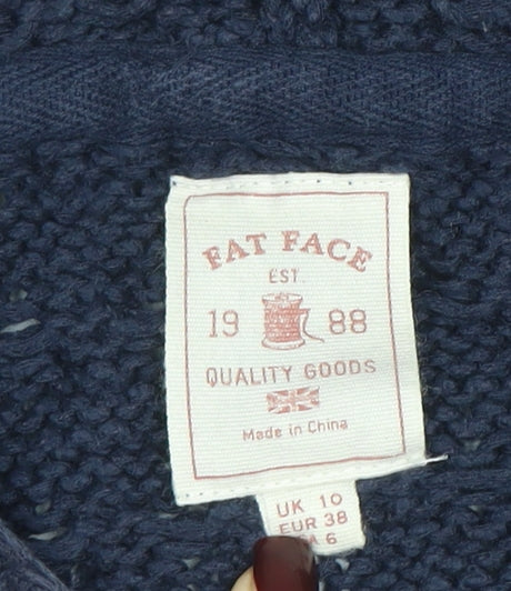 Fat Face Womens Blue Hooded Chunky Knit V-Neck Jumper Size 10