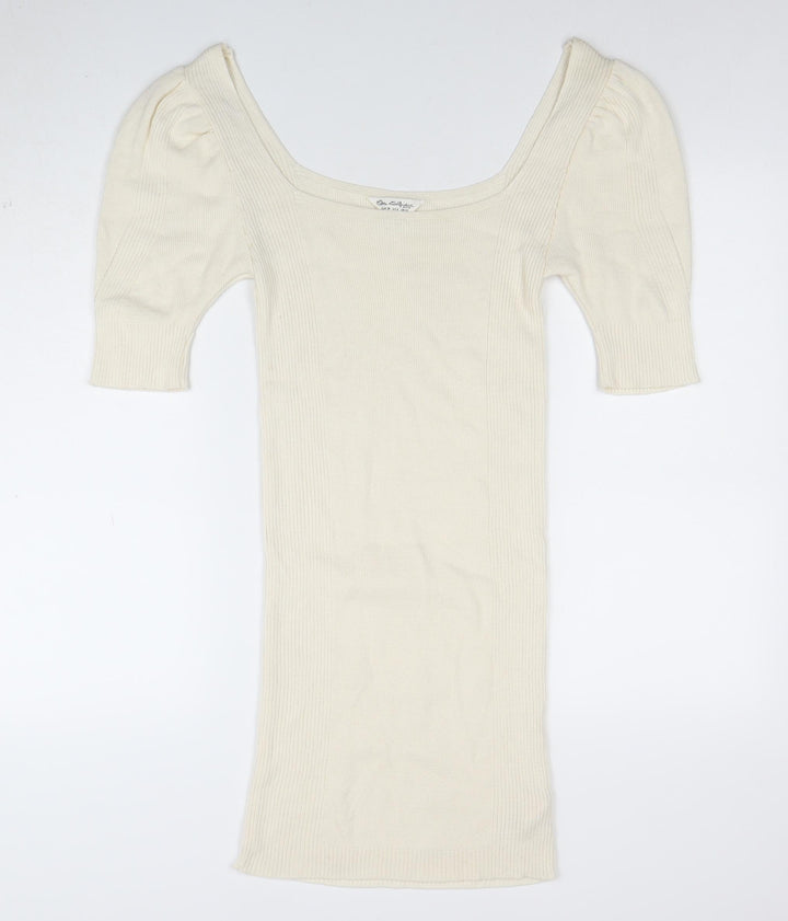 Sistaglam Women Ivory Size 10 Knit Bodycon Puff Sleeve Dress