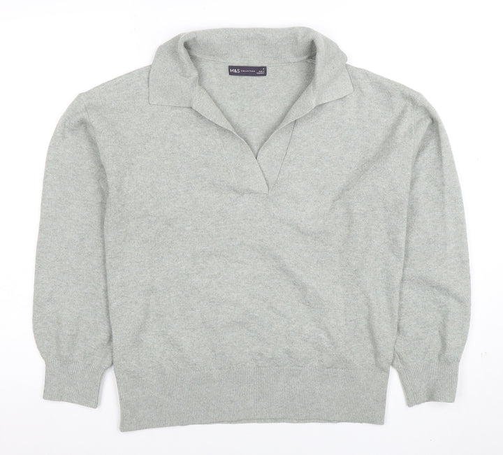 Marks and Spencer Women Grey Collared V-Neck Knit Jumper Size S