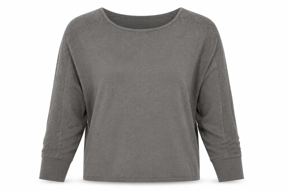 Front view of Oasis Women Grey Cotton Knit Long Sleeve Blouse, size M