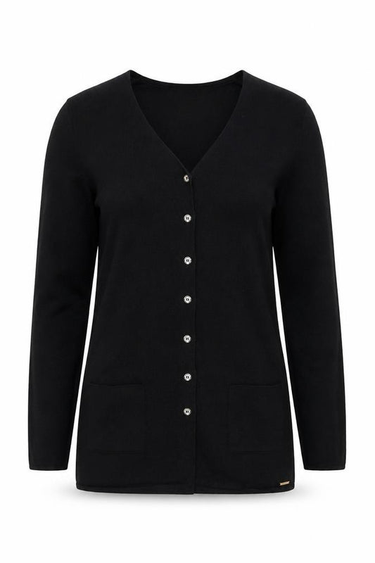 Front view of Saint James women’s black pure wool long sleeve cardigan xxs