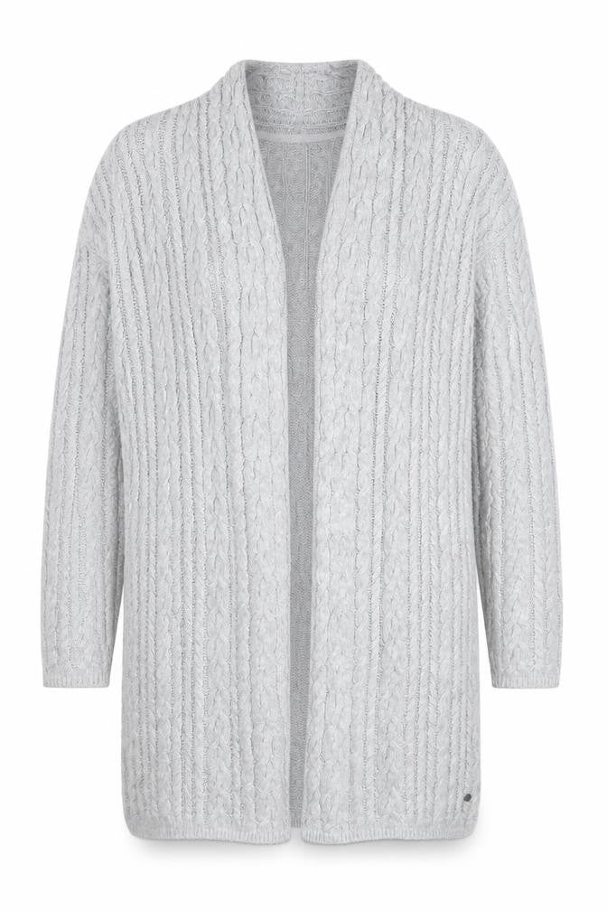 Front view of L.O.G.G. women’s grey cable-knit open cardigan, size UK 12