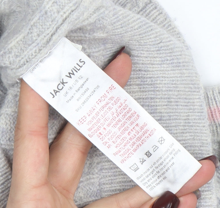 Jack Wills Womens Grey Cable-Knit Merino Wool Jumper Size 16