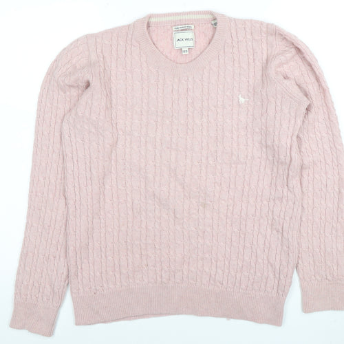 Jack Wills Women's Pink Merino Wool Cable-Knit Jumper Size 16