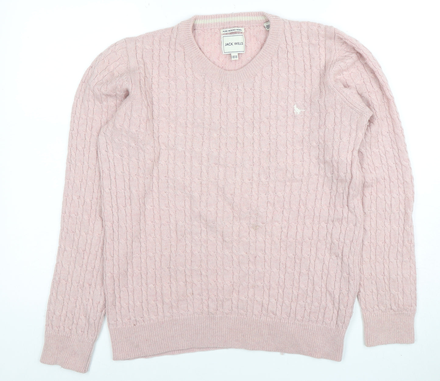Jack Wills Women's Pink Merino Wool Cable-Knit Jumper Size 16