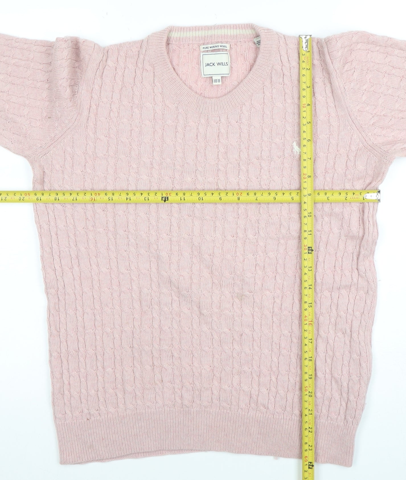Jack Wills Women's Pink Merino Wool Cable-Knit Jumper Size 16