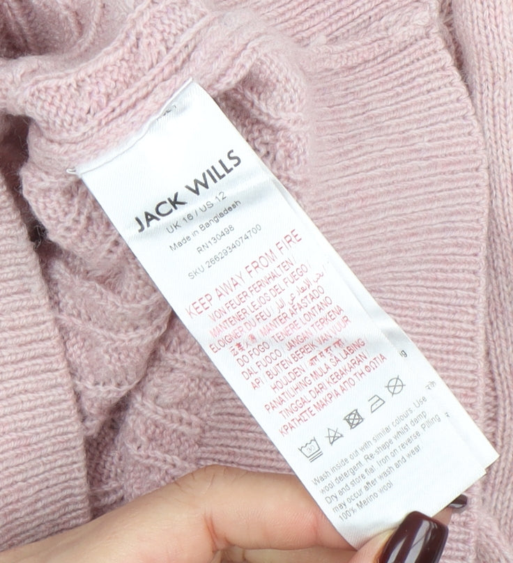 Jack Wills Women's Pink Merino Wool Cable-Knit Jumper Size 16