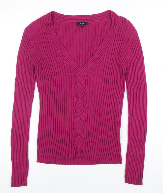 Hobbs Women’s Pink V-Neck Cable Knit Wool Blend Jumper Size 14