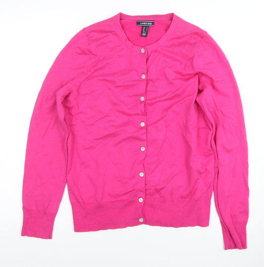 Lands' End Women's Pink Cotton Blend Crew Neck Button Cardigan Size M