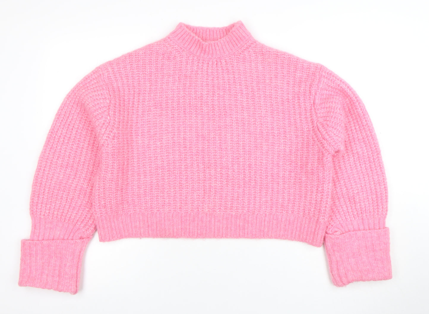 ZARA Women Pink Chunky Knit Mock Neck Pullover Jumper Size XS