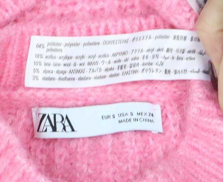 ZARA Women Pink Chunky Knit Mock Neck Pullover Jumper Size XS