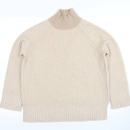 Jaeger Women Beige Wool Cashmere Roll Neck Rib Jumper Size S