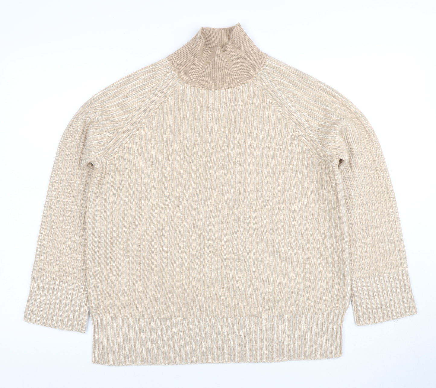 Jaeger Women Beige Wool Cashmere Roll Neck Rib Jumper Size S