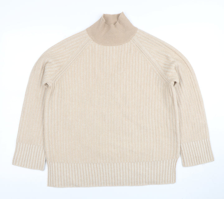 Jaeger Women Beige Wool Cashmere Roll Neck Rib Jumper Size S
