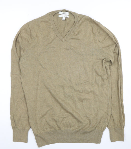 Marks and Spencer Men's Beige V-Neck Cotton Jumper Size S