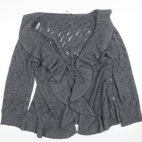 Lily Essentials Women’s Grey Ruffle Knit Open Cardigan Size 14