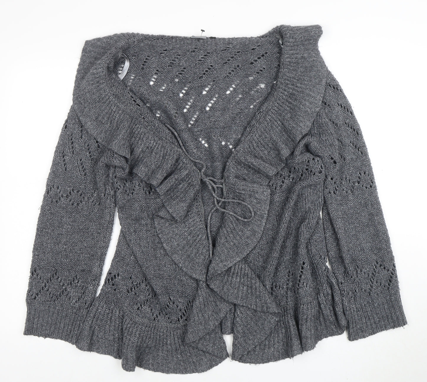 Lily Essentials Women’s Grey Ruffle Knit Open Cardigan Size 14