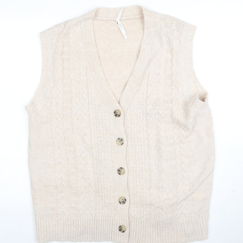 Dreamers by Debut Women Beige Cable-Knit Button Cardigan Vest M/L