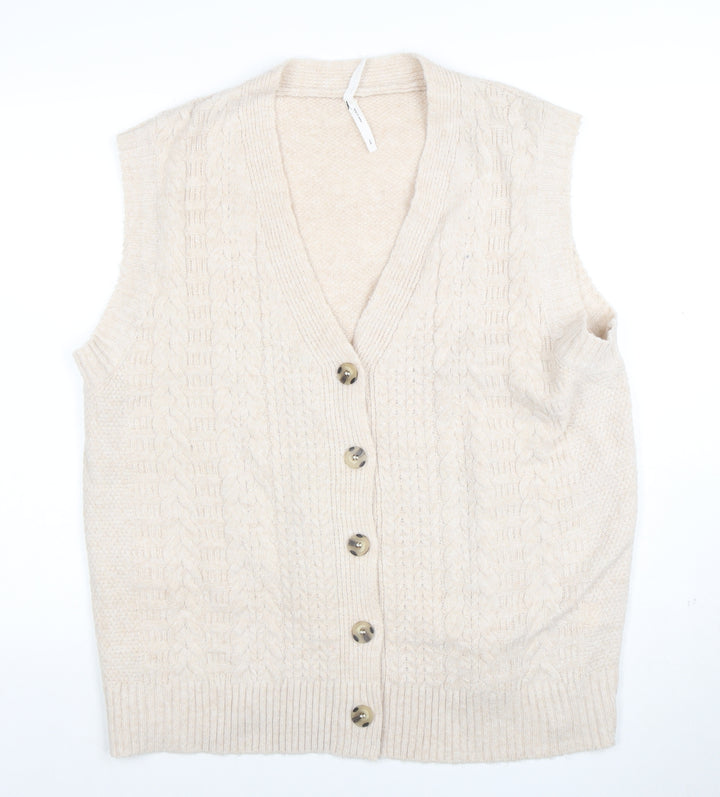 Dreamers by Debut Women Beige Cable-Knit Button Cardigan Vest M/L