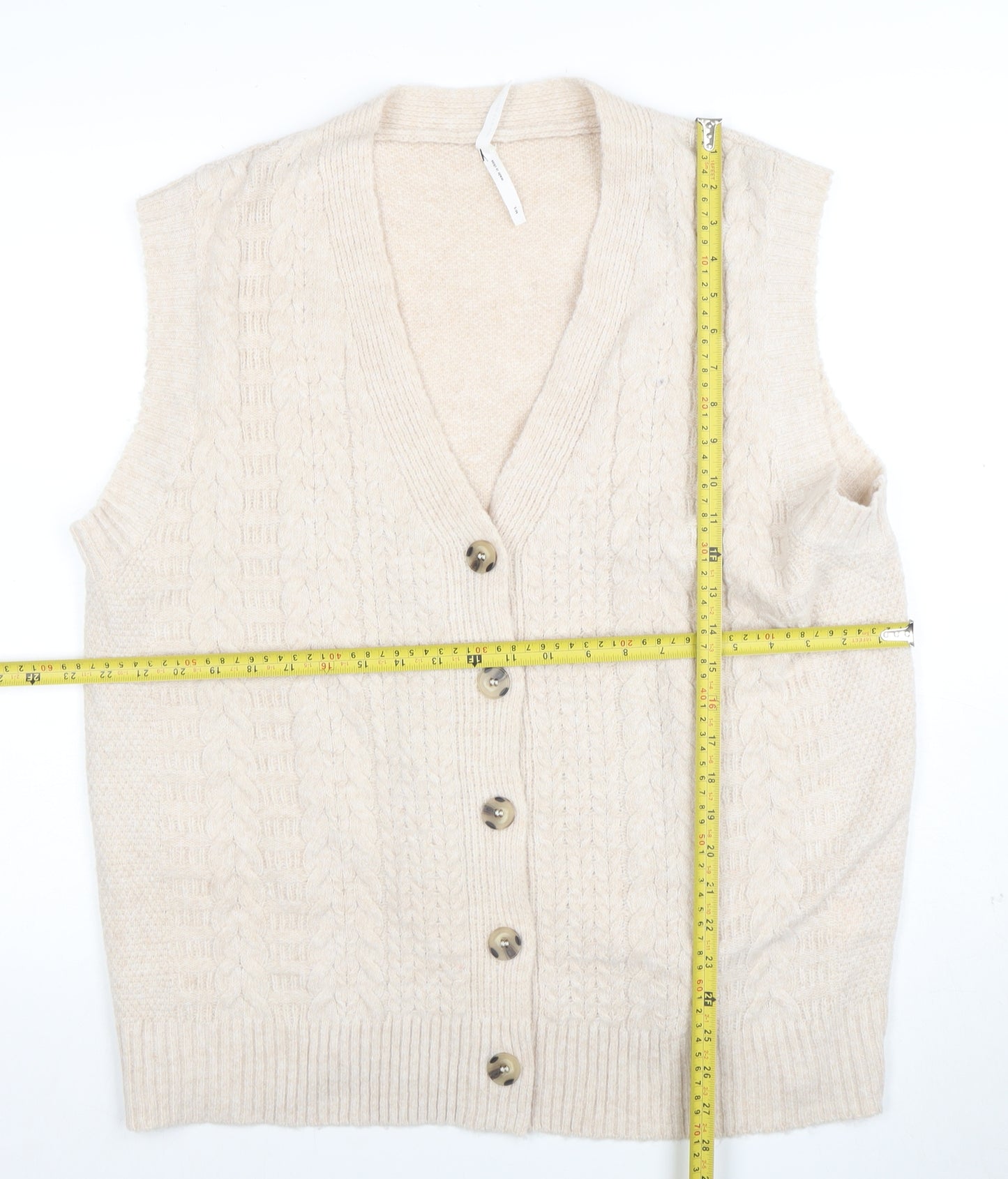 Dreamers by Debut Women Beige Cable-Knit Button Cardigan Vest M/L