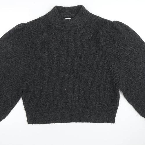 Topshop Women’s Grey Puff Sleeve Mock Neck Knit Jumper Size S