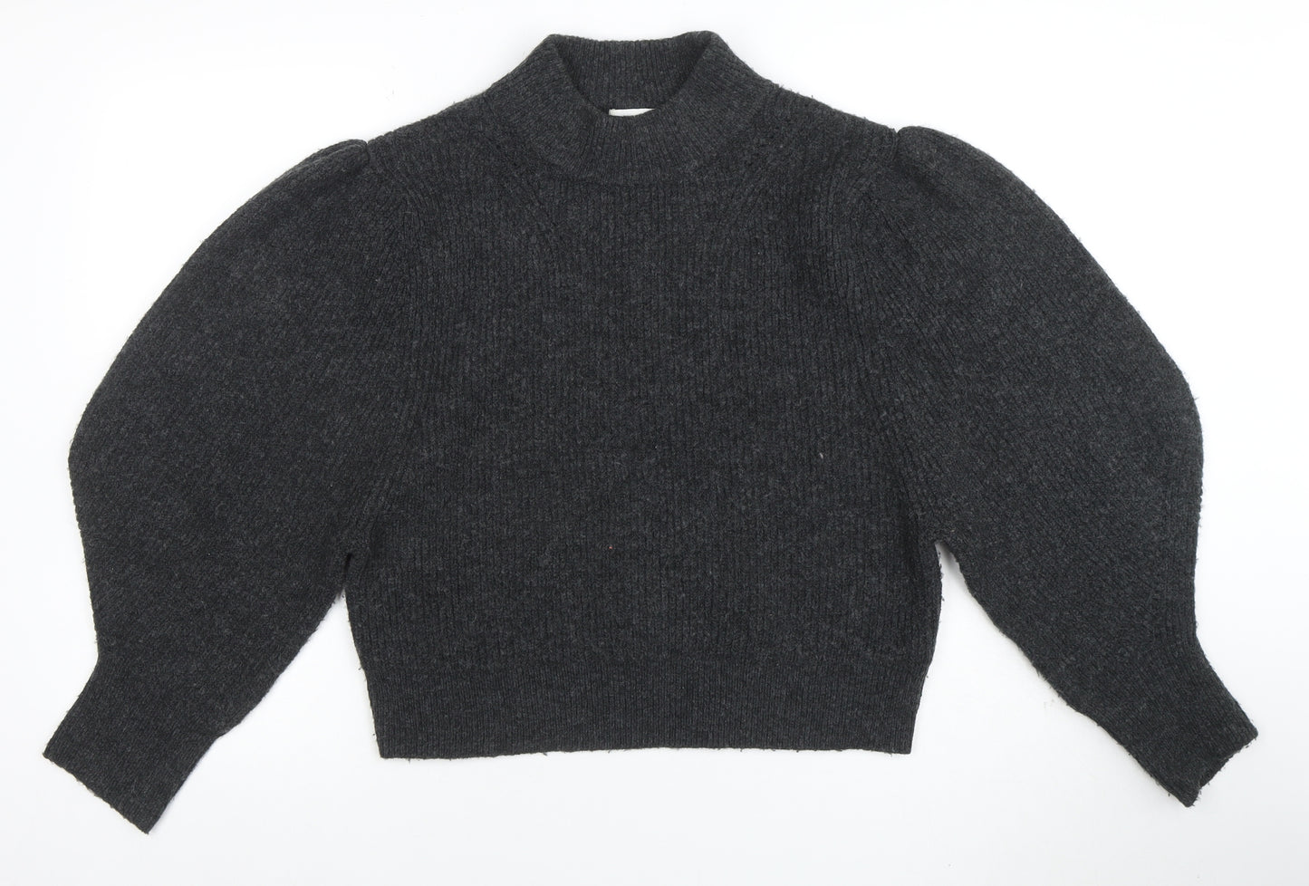 Topshop Women’s Grey Puff Sleeve Mock Neck Knit Jumper Size S