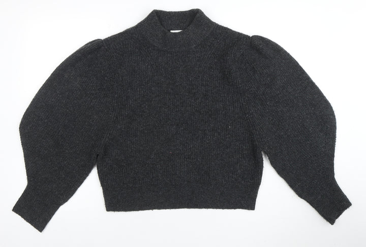 Topshop Women’s Grey Puff Sleeve Mock Neck Knit Jumper Size S