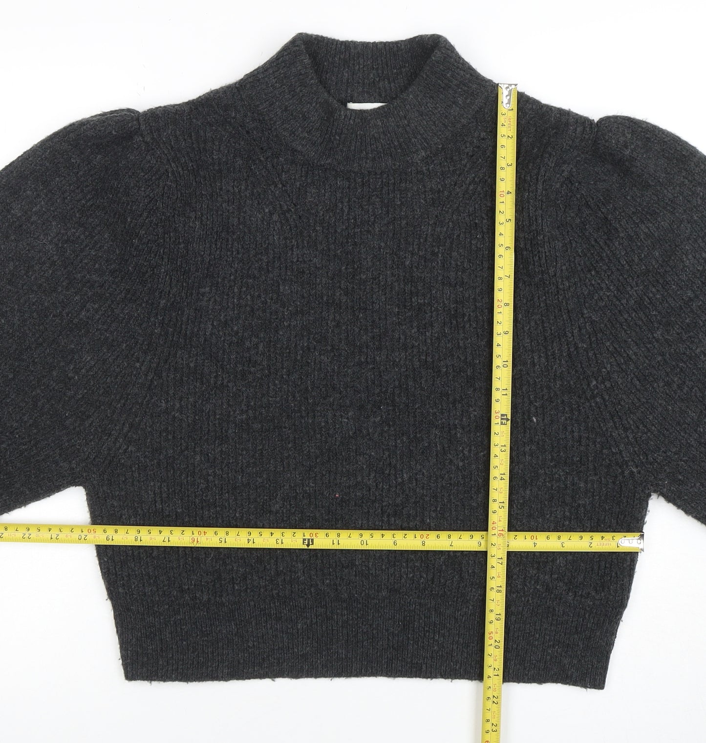 Topshop Women’s Grey Puff Sleeve Mock Neck Knit Jumper Size S