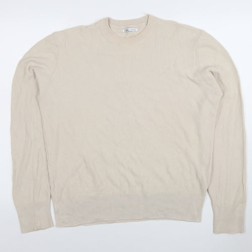 Zara Men's Beige Cotton Crew Neck Jumper Size M